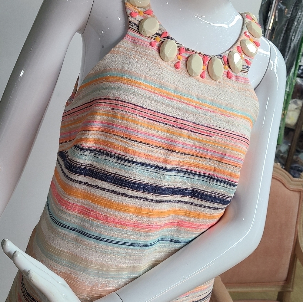 TRINA TURK Multi Color Aptos Fringe Jacquard Striped Beaded Neck Dress Size 6/8